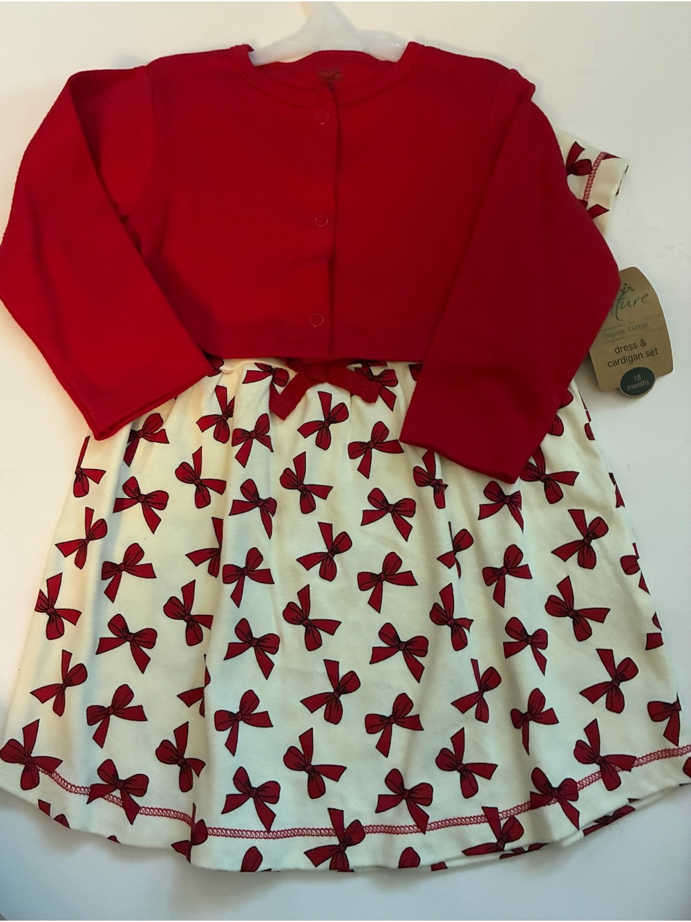 NWT Touched by Nature 18m Red Bow Print Dress & Cardigan Set